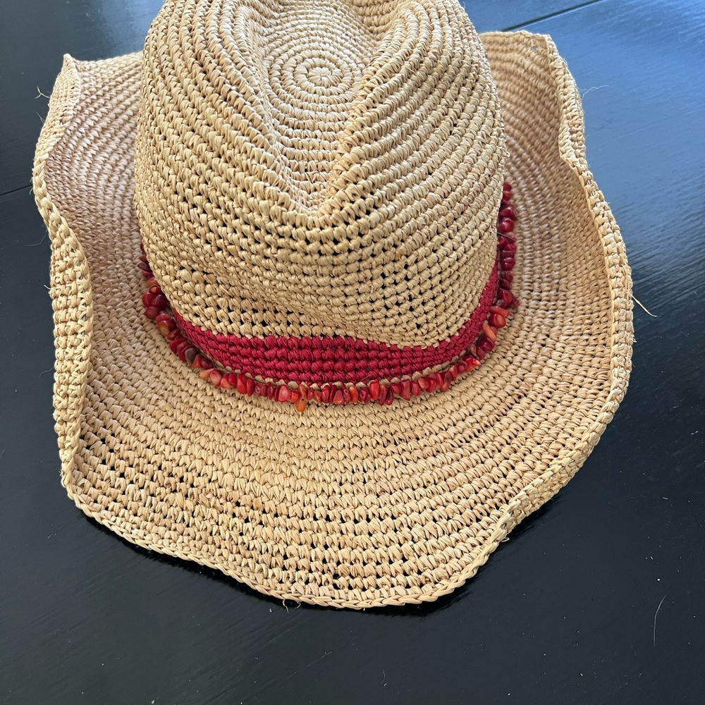 Stylish Tan Straw Hat with Red Bead Accent